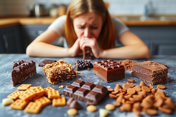Emotional Eating: Feeling stressed and overwhelmed, an individual turns to food for comfort, mindlessly consuming unhealthy snacks and sweets. woman struggle with guilt and frustration - obrazy, fototapety, plakaty