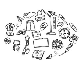 Set collection of student and school objects. Doodle freehand draw vector illustration. 