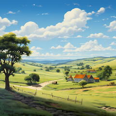 A peaceful countryside landscape with rolling hills