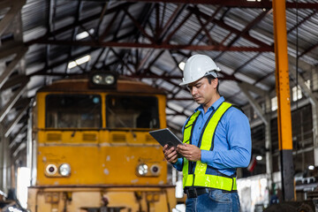 Man railway technician engineer wearing safety uniform and safety helmet holding tablet standing at site railroad station. Locomotive repairman in factory.