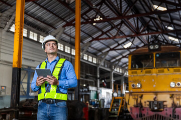 Man railway technician engineer wearing safety uniform and safety helmet holding tablet standing at site railroad station. Locomotive repairman in factory.