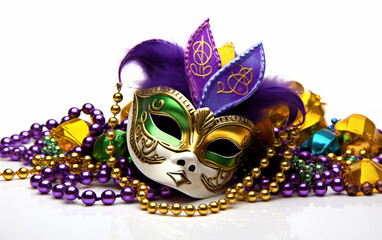 Mardi Gras Mask and Beads Arranged in Artful Design Isolated on White Background.