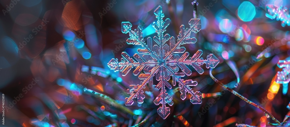 Poster a detailed snowflake glistens on a tree branch, showcasing its unique crystalline pattern against a 