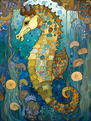 Decorative art nouveau illustration of a seahorse in profile in an ornate blue marine background