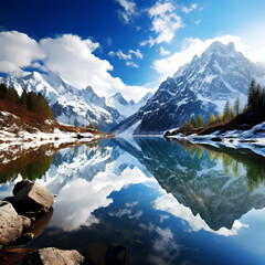 A serene mountain lake reflecting snow-capped peak 