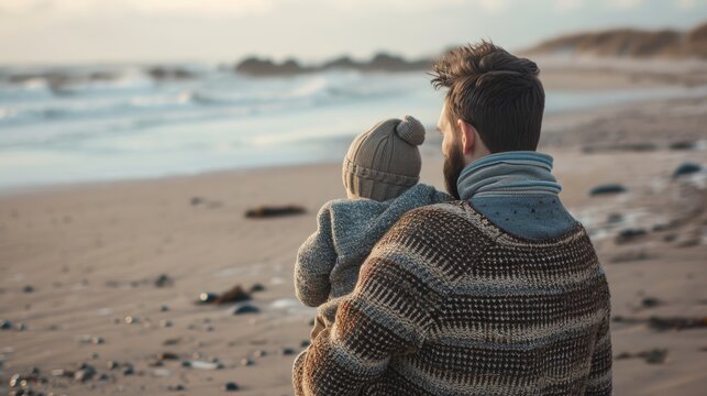 A man and his child sitting on the beach. Fictional Character Created By Generated By Generated AI.