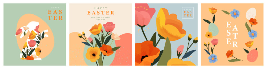 Happy Easter Set of greeting cards, posters, holiday covers. Trendy design with typography, spring hand drawn flowers, dots, eggs and bunny in pastel colors. Modern art minimalist style.