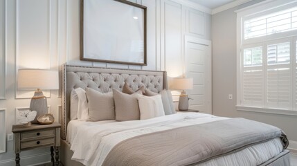 Mockup frame in modern bedroom interior background, 3d render