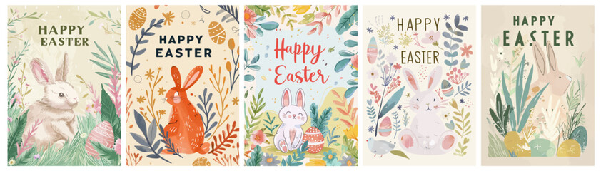 Fototapeta na wymiar Vector hand drawn watercolor style illustration of Easter rabbit ,eggs with garland, Easter bunny pattern, flowers, blades of grass and branches, greeting card, background or invitation, cover,poster