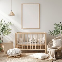 Mockup frame in children room with natural wooden furniture, Farmhouse style interior background, 3D render