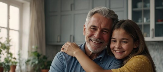 Cheerful beautiful adult daughter child hugging elder grey hair dad from behind with love, affection, gratitude, visiting parent at home, looking at camera, smiling, laughing  - obrazy, fototapety, plakaty