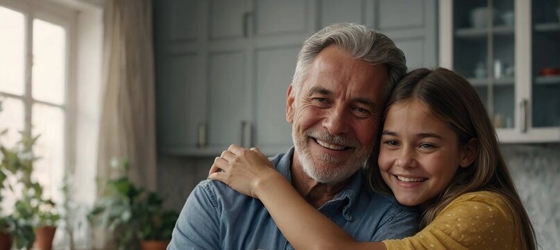 Cheerful Beautiful Adult Daughter Child Hugging Elder Grey Hair Dad From Behind With Love, Affection, Gratitude, Visiting Parent At Home, Looking At Camera, Smiling, Laughing 