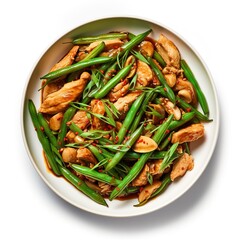 Chicken and Green Bean Stir Fry top view solated on white background
