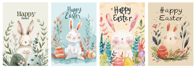 Vector hand drawn watercolor style illustration of Easter rabbit ,eggs with garland, Easter bunny pattern, flowers, blades of grass and branches, greeting card, background or invitation, cover,poster