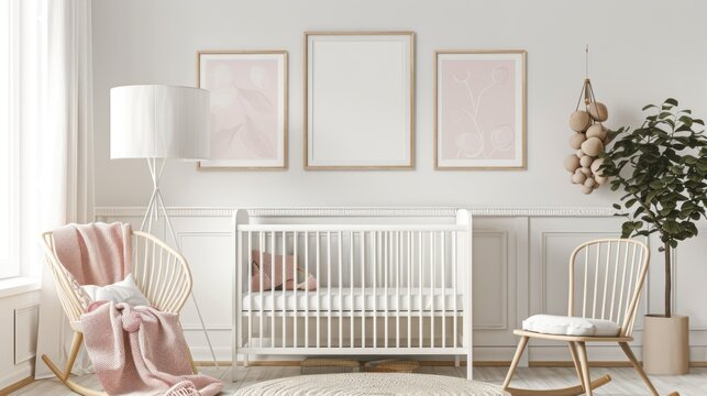 Mock up poster frame in white cozy children room interior background, 3D render