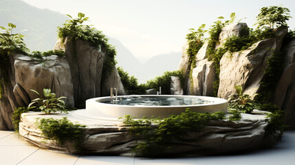Outdoor bathtub made of wood Surrounded by tropical plants, natural mountain views, luxury spas, lifestyle images,