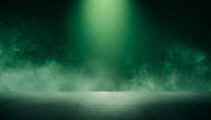 Dark street, asphalt abstract green background, empty dark scene, neon light, spotlights The concrete floor and studio room with smoke float up the interior texture for display products, Night view 