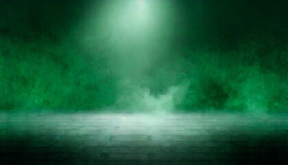 Dark street, asphalt abstract green background, empty dark scene, neon light, spotlights The concrete floor and studio room with smoke float up the interior texture for display products, Night view 