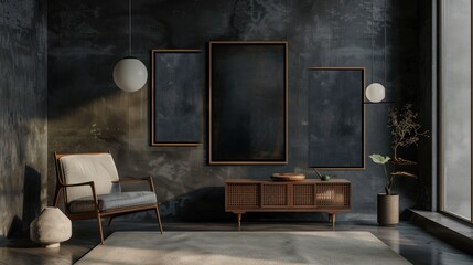 A Canvas Frame for a mockup suspended elegantly in a modern living room, with a leather armchair casting a soft shadow on the textured dark cement wall, creating a dramatic ambiance