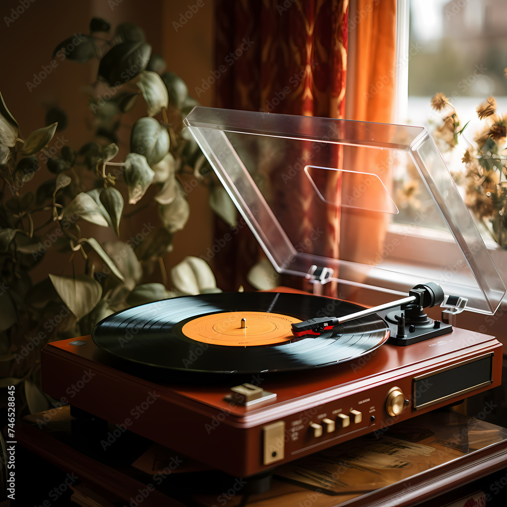 Sticker A vintage record player spinning vinyl with a cozy room in the background.