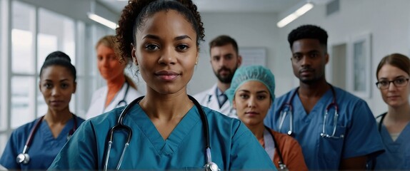 Positive beautiful young African American medical employee woman in blue uniform posing for professional portrait with positive team of doctors behind, looking at camera with hands crossed