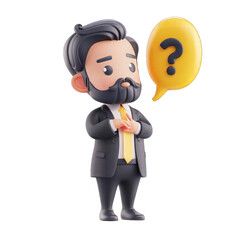 Fototapeta na wymiar 3D character a businessman thinking with question mark in speech bubble with Transparent Background