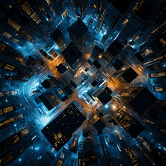 Abstract aerial view of a city at night.