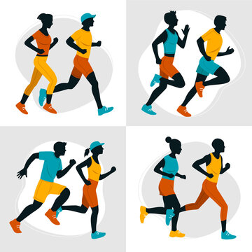 Hand drawn runner silhouette composition set