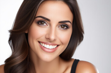 Woman with dark hair smiling, looking into camera in white t-shite on white background.