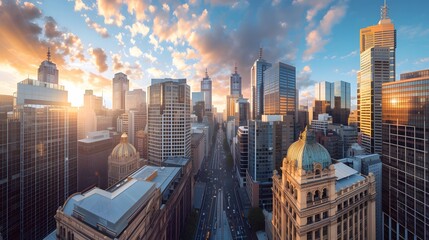 Panoramic shots of city skylines showcasing the juxtaposition of modern skyscrapers