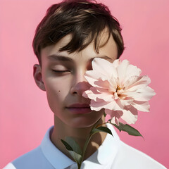 Happy spring background Front view young boy holding beautiful pink spring flower