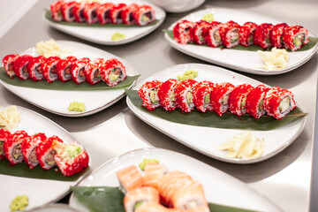 California sushi roll on a plate with decoration