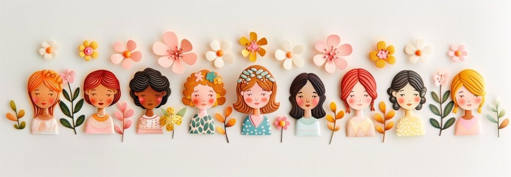 Lovely horizontal banner with children of the world, beautiful set of little girls of different ethnicity and skin color standing together in spring or summer, cute joyful page divider or border