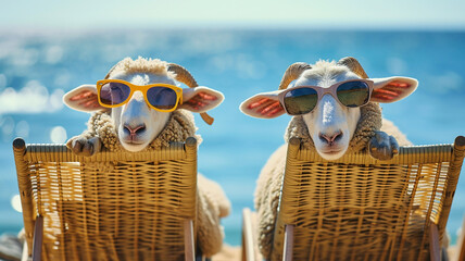 Two funny sheep with curly wool, wearing sunglasses, relaxing on a chaise longue on the sea beach