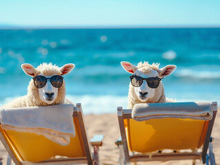 Two funny sheep with curly wool, wearing sunglasses, relaxing on a chaise longue on the sea beach