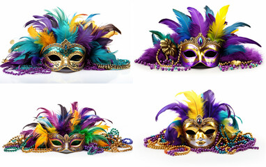 Mardi Gras Party Decorations with Masks Beads and Feathers Isolated on White Background.