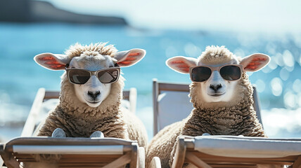Two funny sheep with curly wool, wearing sunglasses, relaxing on a chaise longue on the sea beach