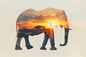 An elephant overlaid with the texture of the savanna at sunset in a double exposure - obrazy, fototapety, plakaty