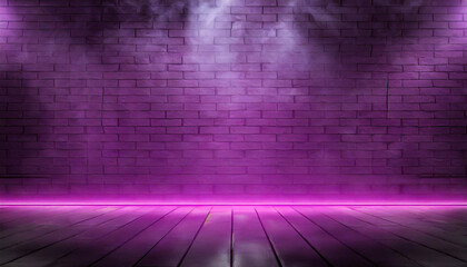 Brick wall texture pattern, blue, and purple background, an empty dark scene, laser beams, neon, spotlights reflection on the floor, and a studio room with smoke floating up for display products
