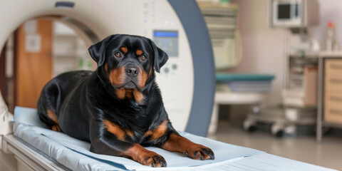 Generative AI, Dog on table at MRI, examination in veterinary surgery hospital, vet clinic, banner with copy space - obrazy, fototapety, plakaty