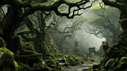 Enchanting misty forest with gnarled trees, vines, and mysterious creatures lurking in shadows - obrazy, fototapety, plakaty