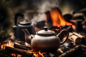  A tea pot sitting on top of a fire. Perfect for illustrating the concept of boiling water or making tea © MISHAL