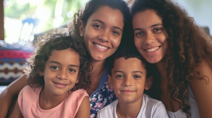 Obraz premium A happy family of four poses for a picture. Fictional Character Created By Generated By Generated AI.