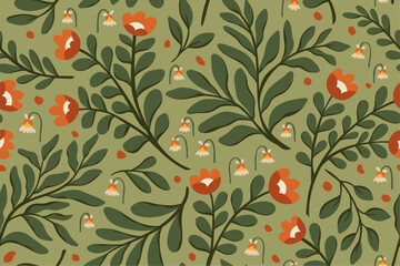 Floral vector seamless pattern. Delicate botanical wallpaper. Repeatable background with leaves and flowers - 746531603