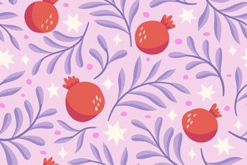Vector tropical seamless pattern with fruit elements. Hand drawn pomegranate background.