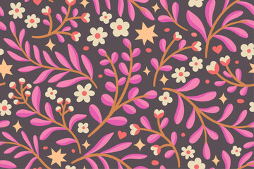 Floral vector seamless pattern. Delicate botanical wallpaper. Repeatable background with leaves and flowers