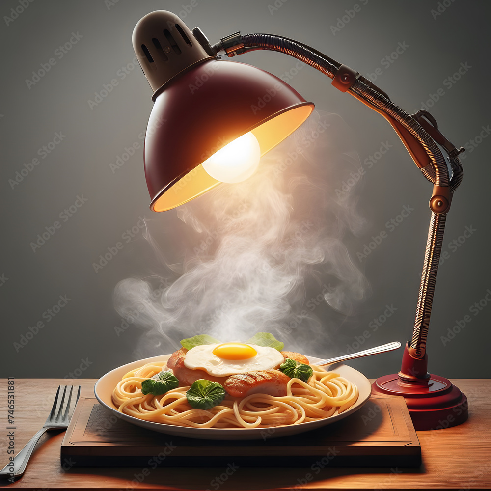 Poster a lamp with a plate of food on it generative ai