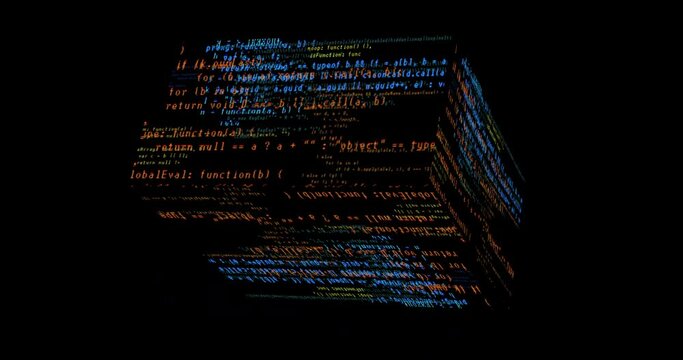 Computer code is printed on the faces of a square cube rotating in black space. Cyber security concept, work on creating virtual reality
