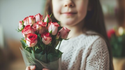 A little girl is proudly holding a bouquet of roses.. Fictional Character Created By Generated By Generated AI.