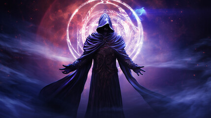 Space warlock a cosmic sword against a backdrop of a star-filled nebula. Dark prophet futuristic with a galaxy swirl cloak. Dark astronaut, with demonic aura. Hell's emissary, cybernetic wings.